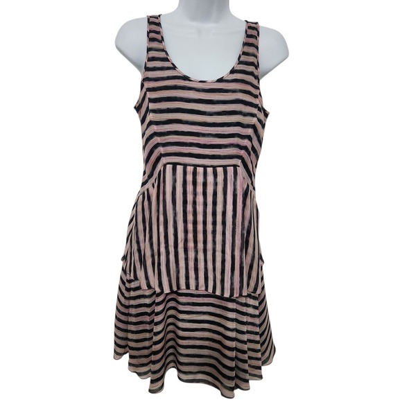 Theory Silk Mini Dress Size 0 Sleeveless Tiered Striped Pink Black Party Chic - Picture 8 of 9